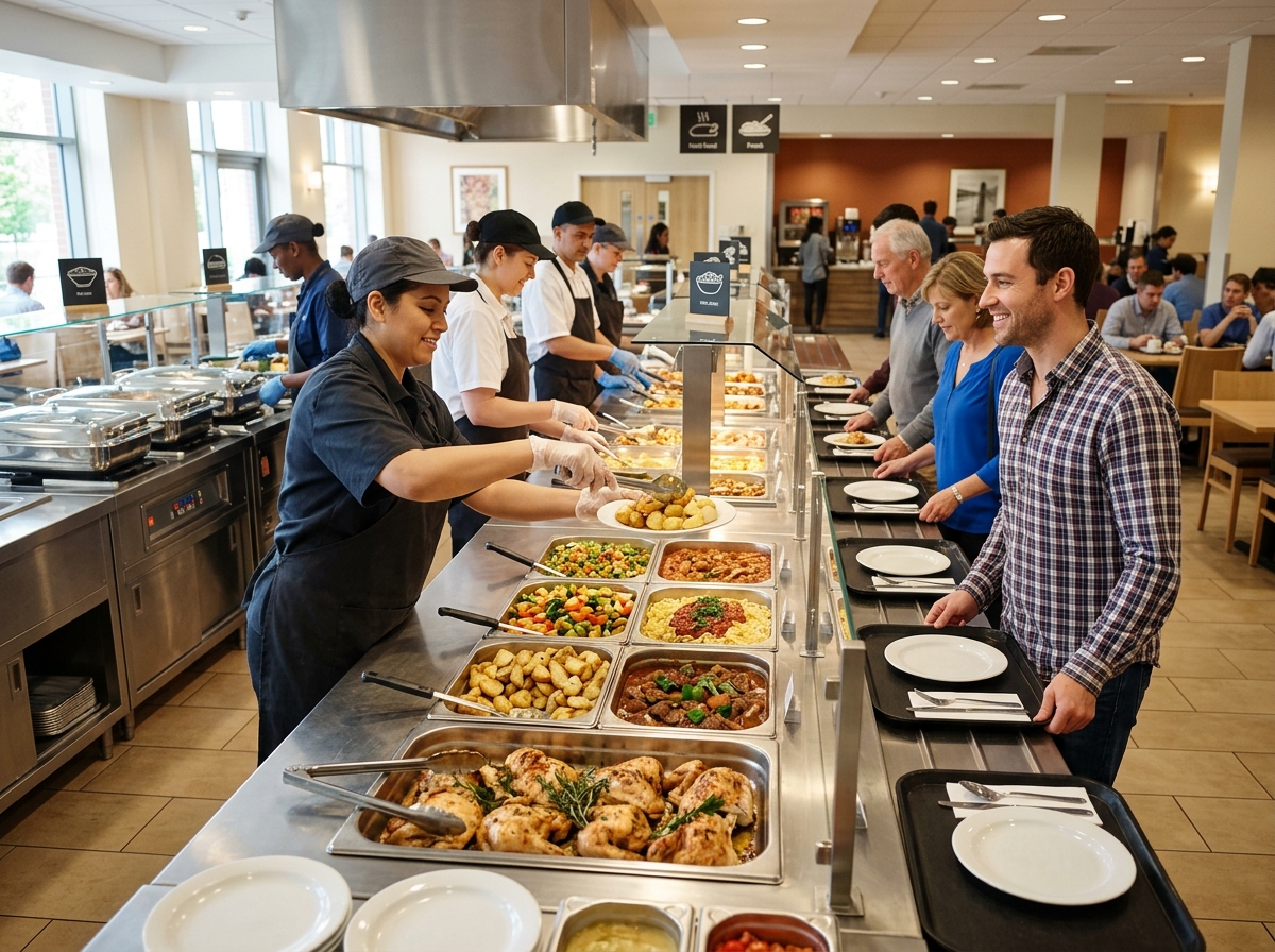 Food service line with hot meals