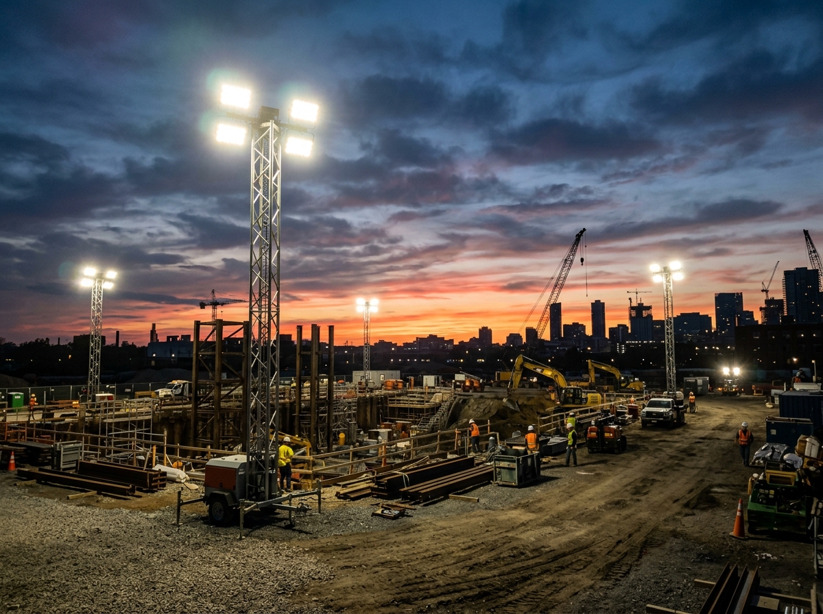 Light towers at construction camp
