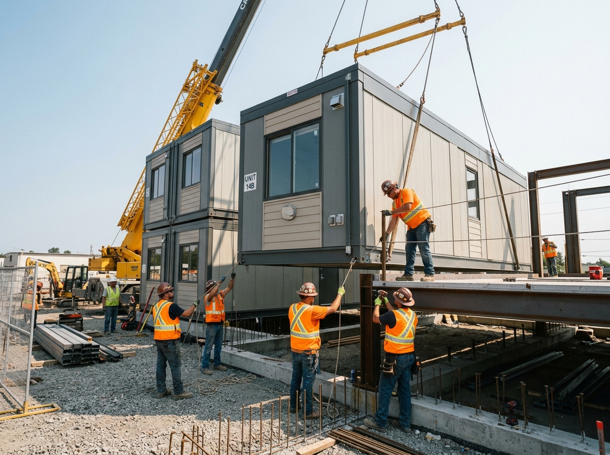 Workers installing modular camp units